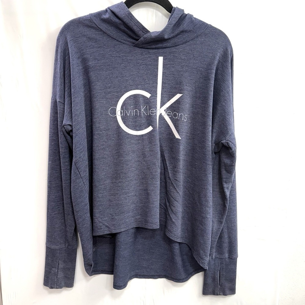 Calvin Klein‎  Hooded Sweatshirt Women's Large Blue Hoodie Pullover Stretch Knit